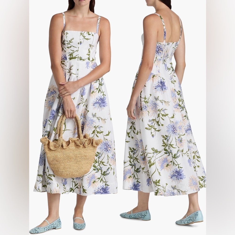 New Reformation Katarin Floral Linen A-Line Serenity Print Midi-Dress sz 12